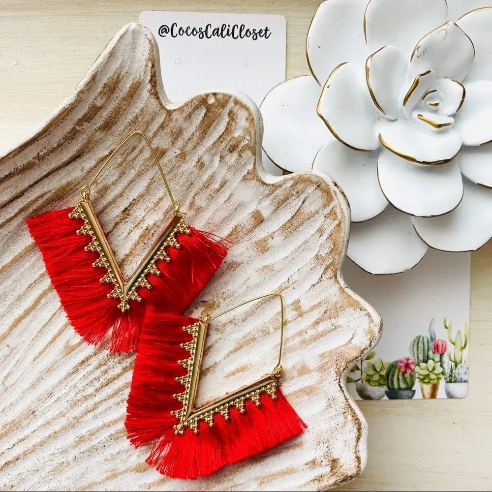 Boho Red Fringe Filigree Drop Earrings NWT